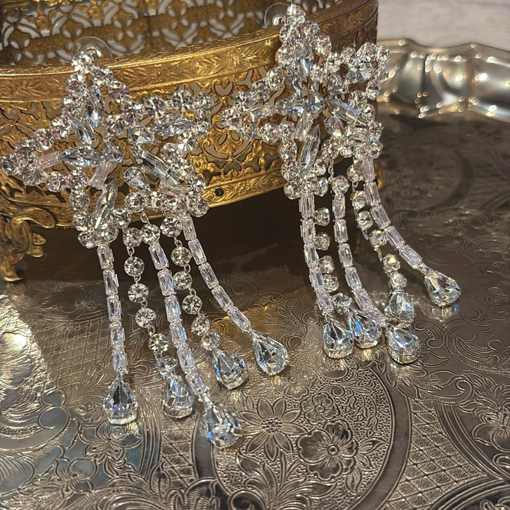 Silver Fallen Stars Chandelier Earrings Starfall Rhinestone Statement Earrings